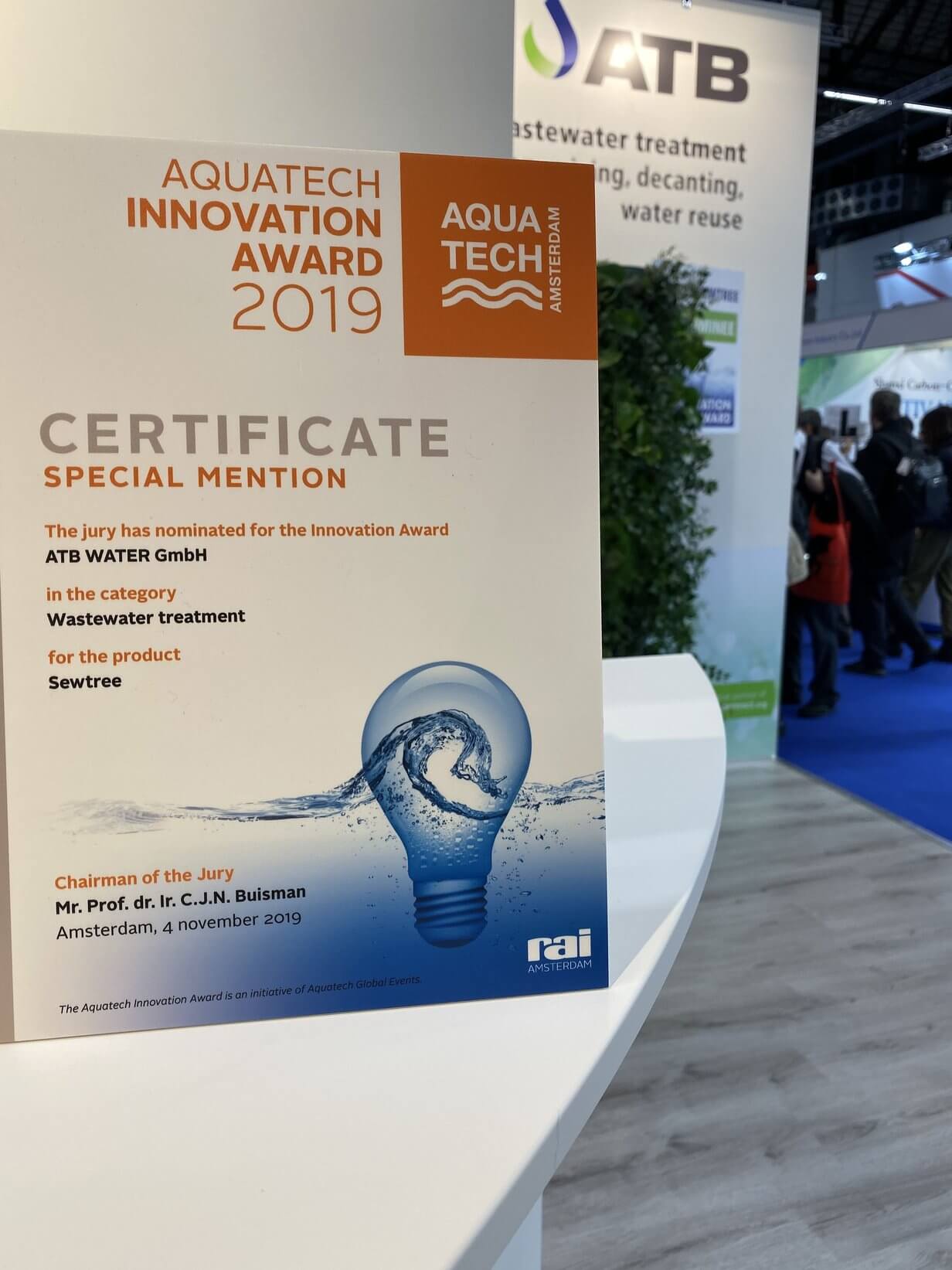 Certificat de la cérémonie de remise des prix Aquatech