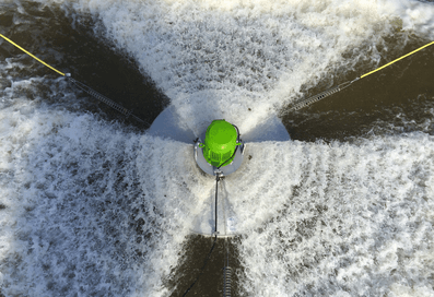 Surface aerator viewed from above during operation