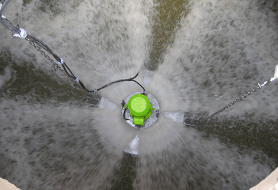 Surface aerator in a concrete tank during operation